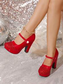 11.3cm Super High Heel Round Toe Pumps, Thick Platform, Patent Leather Patchwork, Pearl Buckle, Large Size Cheongsam Wedding Party Shoes For Women - Red - View 3