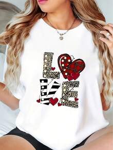 Camiseta de algodón de manga corta para mujer, camiseta de talla grande con estampado de corazones, top casual de manga corta con cuello redondo y diseño de corazón con estampado de leopardo para el Día de San Valentín, adecuada para uso diario y como el mejor regalo. - Negro - Ver 4