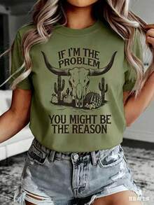 If I'm The Problem Summer Fashion Desert Cactus Bull Head Print Casual Women's Short Sleeve Shirt-New Autumn/Winter Collection: Unisex Relaxed Fit Long-Sleeve Crew Neck Sweatshirt - 綠色 - 查看 3