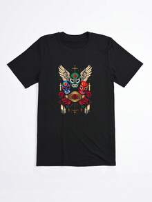 Camiseta Negra con Estampado de Máscaras Luchadoras y Rosas para Mujer Casual - Negro - Ver 2