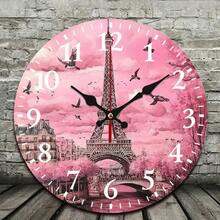 10inch Paris-Style Eiffel Tower Wooden Wall Clock, Featuring Pink Cloud And Bird Patterns - Battery-Powered (AA Batteries Not Included) - Suitable For Living Room, Bedroom, Kitchen, Home Office Decoration, Eiffel Tower Theme, 2D Flat Design - 1pcs/10in/25cm - View 2