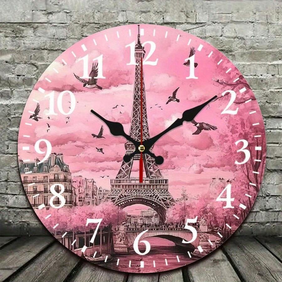 10inch Paris-Style Eiffel Tower Wooden Wall Clock, Featuring Pink Cloud And Bird Patterns - Battery-Powered (AA Batteries Not Included) - Suitable For Living Room, Bedroom, Kitchen, Home Office Decoration, Eiffel Tower Theme, 2D Flat Design