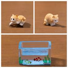 3pcs Mini Cute Cat & Fish Tank Decor Set, DIY Accessories, Miniature Ornaments, Micro Landscape Creative Playful Fishing Cat Doll House - Rectangle - View 12