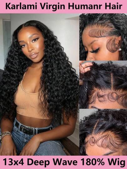 KARLAMI 13x4 透明深波浪蕾丝前假发，180% 密度卷曲蕾丝前假发，带婴儿发，适合女性