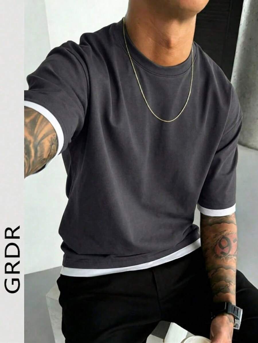 GRDR Men's Classic Faux Two-Piece Round Neck Short Sleeve T-Shirt, Fashionable Minimalist Commuting Versatile - Dark Grey - View 1