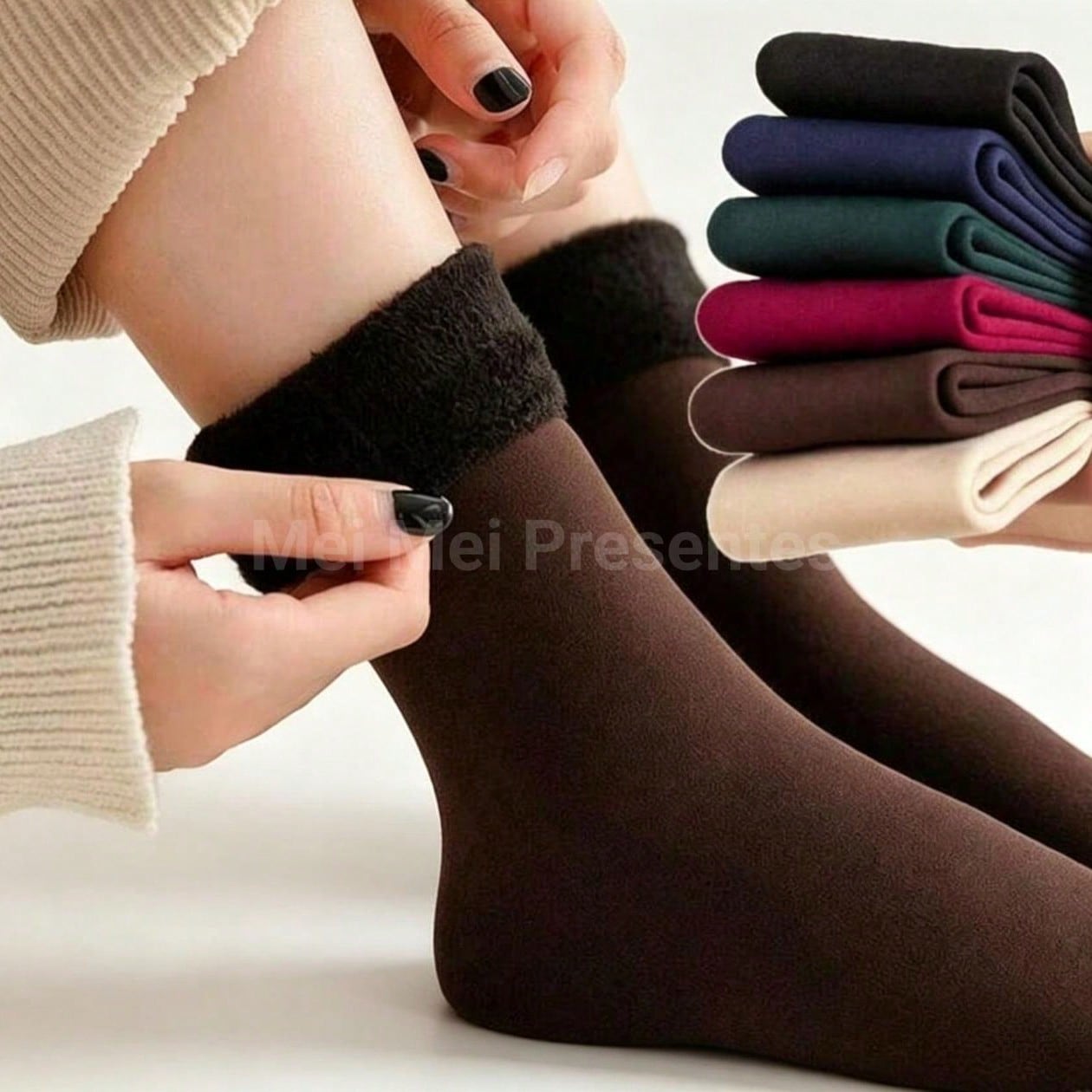 Kit 03 Meias Grossas De Lã Térmicas Flexíveis Coloridas Femininas De Inverno Lisa 35-40