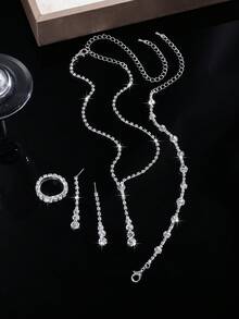 Bộ trang sức 4 món thanh lịch tối giản đính đá lấp lánh, bao gồm dây chuyền, bông tai, vòng tay và hai hàng khuyên co giãn. Thích hợp cho tiệc tùng, đám cưới, kỳ nghỉ, mùa hè, làm trang sức, phụ kiện. - Trắng sáng - Xem 3