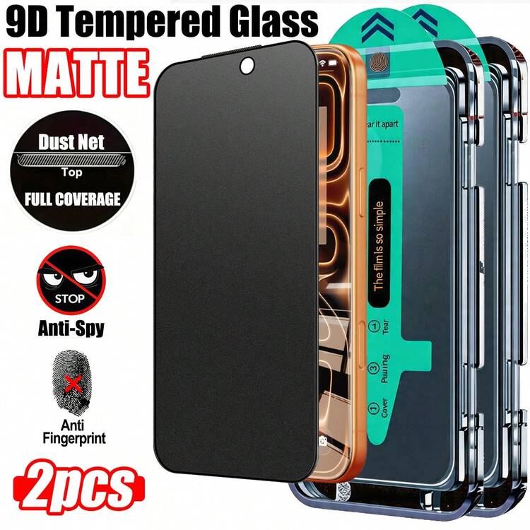 2片装磨砂钢化玻璃屏幕保护膜，配备自动对准安装工具，兼容 17 Pro Max/17 Air/16 Pro Max/16 Pro/16 Plus/16e/16/15 Pro Max/14 Pro Max/13 Pro Max/12/11/Xs Max/XS/XR系列。全覆盖磨砂表面，防窥视、防指纹、防摔，9D硬度防碎钢化玻璃屏幕保护膜，超快安装，防尘设计。 - 磨砂防窺 - 查看 14