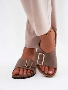 Elegant And Comfortable Women's Suede Slippers Made Of Natural Leather, On A Cork Sole, With A Gold Buckle And Contoured Insole, Ideal For Summer Black Beige Green - Khaki - View 11