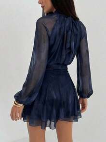 Vestido de manga larga ajustado con silueta de paraguas para mujer, nuevo para otoño/invierno, para uso casual/citas/salidas/maestras, vestido romántico con estampado de teñido anudado en púrpura y cuello alto con lazo en la cintura - Azul marino - Ver 2