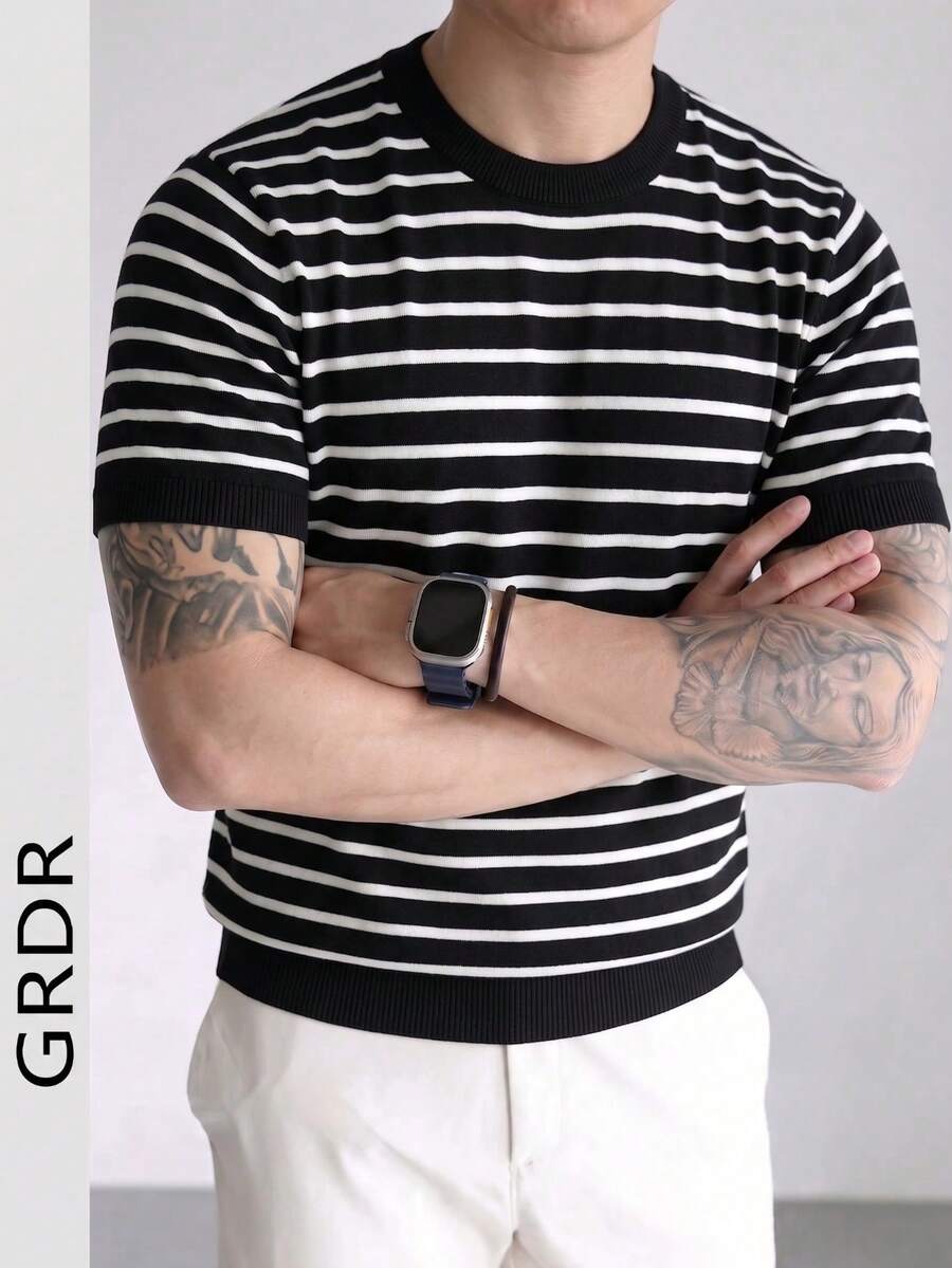 GRDR Men's Summer Knit Striped Short Sleeve Sweater, Fashionable Piece For Gatherings And Outings