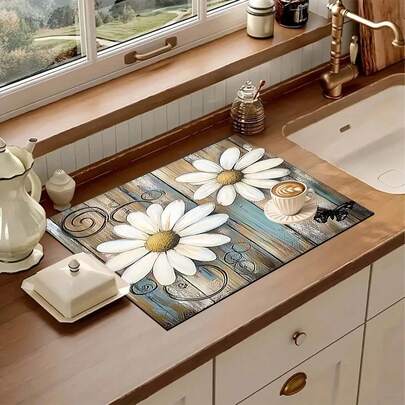 1pc Pattern Printed Kitchen Counter Bowl Dish Drying Mat, Super Absorbent, Hides Stains, Dish Drying Pad With Rubber Backing, Multipurpose Mat For Coffee Maker, Kitchen Counter, Coffee Pot, Suitable For Coffee Machines, Espresso Machines, Decorative Pad