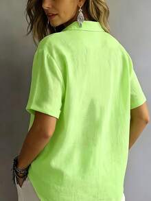 Plus Size Women Casual Basic Button-Down Short Sleeve Shirt Blouse Summer - Lime Green - View 3