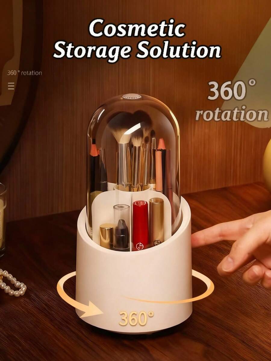 Antasee 360°旋转化妆刷架，7个隔层，带透明防尘盖，浴室梳妆台化妆工具收纳架（经典白色，圆柱形）