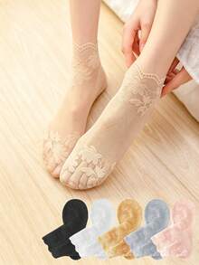 1/5/10 Pairs Women Lolita Style Invisible Lace Thin Non-Slip Shallow Mouth Transparent Maple Leaf Pattern Socks - Multicolor - View 3