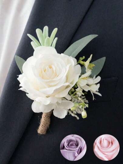 男士象牙色玫瑰胸花，新郎及伴郎适用，人造花，腕花，适合婚礼、周年纪念、正式晚宴、秋季复古乡村婚礼等场合。