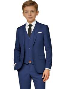 2026 Boys 5-Piece Formal Suit Set, Kids Wedding Communion Easter Tuxedo, Jacket Vest Pants With Shirt And Tie, Gentleman Formal Outfit - 海軍 - 查看 1