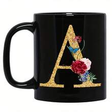 1pc Gold Letter & Floral Print Ceramic Coffee Mug, Beautiful & Practical Gift For Women, Girls, Office, Home Use - Black - View 21