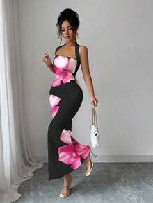 Vestido midi estampado de verano 2025 para mujer, con cuello halter y cintura ajustada. - Negro - Ver 5