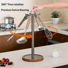 1个不锈钢厨房用具收纳架，带木质底座、可旋转、8个挂钩 - 彩色 - 查看 7