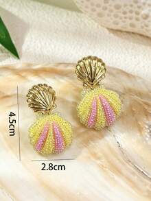 Mermaid Style Shiny Shell Earrings, Beach Earrings For Summer - Gold Shell Top With Sparkling Resin Pendant - Simple Multi-colored Seashell Earrings - View 3