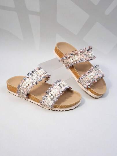 Girls' Silver Net Mesh Slide Sandals, Breathable Cork Footbed Casual Summer Shoes For Kids(Sole/Sole Color Random)