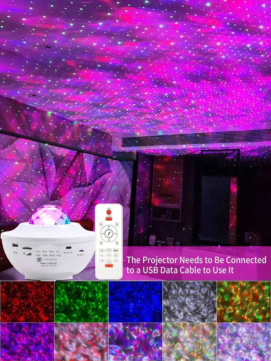 1pc LED Romantic Starry Sky Projection Lamp, USB Wireless Remote Control Music Wave Starry Sky Laser Light, Bedroom Ceiling Dreamlike Atmosphere Light