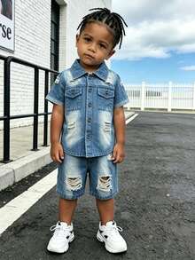 Denim 2Pcs Outfit,Denim Short Sleeve Shirt,Ripped Jean Shorts Young Boys Gradient Washed Distressed Street 4-7Y Summer Skate Daily Outfit - Blue - View 4