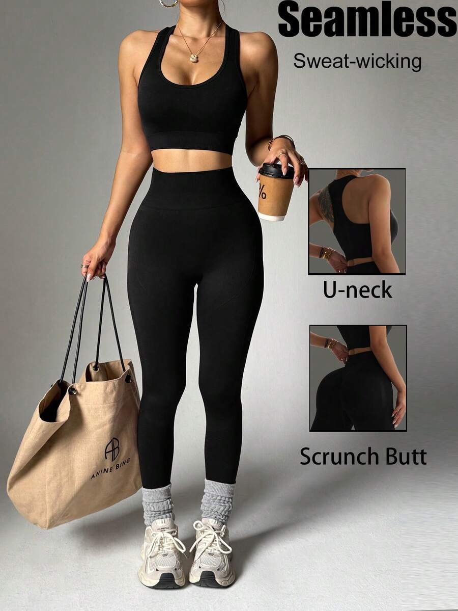 Women's Tank Top And Leggings Fitness Workout Set, Spring/Summer - Black - View 1