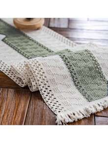 1 chiếc khăn trải bàn trang trí cao cấp, sang trọng, chất liệu cotton lanh, phong cách mộc mạc Boho, thêu tua rua, dùng trong nhà. - màu xanh lá - Xem 6