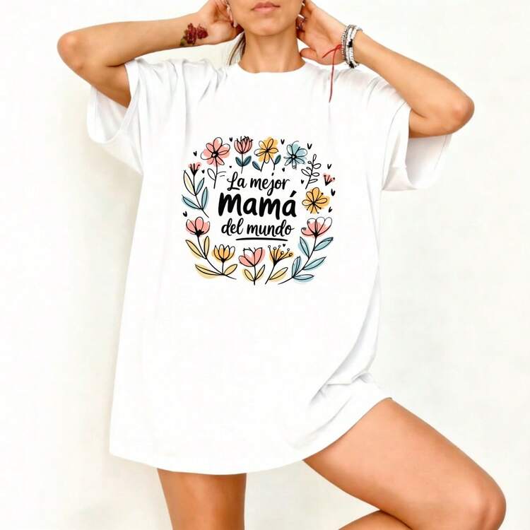 Camiseta Blanca con Estampado Floral y Texto La Mejor Mama del Mundo para Mujer - Blanco - Añade 3