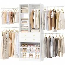 White Adjustable Closet Organizer System 4.2-8.8 FT, Walk-In Closet With 2 Wooden Drawers, Shelves & Hanging Rods, Fits 60-96 Inch Built-In Closet Tower - White - View 1