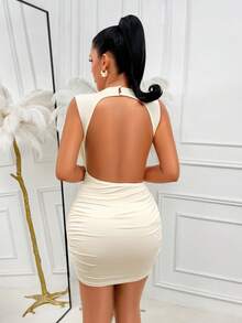Đầm ôm sát không tay kiểu dự tiệc dành cho nữ, chất liệu dệt kim, cổ đứng và thiết kế lưới tương phản thanh lịch. - Màu be - Xem 2