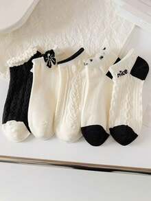 1/5 Pairs Random Black & White Bow Knot Breathable Cute Sweet Short Socks, Suitable For Daily Commute Outfit, Spring/Summer - Multicolor - View 9