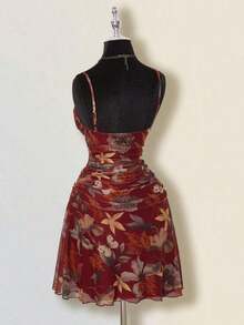 Vestido mini halter retro estampado otoñal con pliegues para mujer - Burdeos - Ver 10