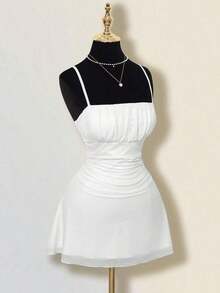 Vestido mini halter retro estampado otoñal con pliegues para mujer - Blanco - Ver 3
