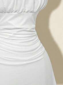 Vestido mini halter retro estampado otoñal con pliegues para mujer - Blanco - Ver 7