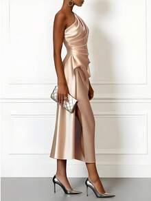 Elegant Spring/Summer Satin Off Shoulder Mid-Length Party Dress, Women's Solid Color Pleated Formal Gown For Wedding Guest, Mother's Day - Champagne - View 4