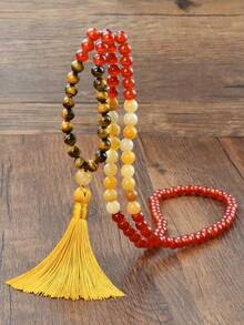 Yumfeel 108PCS Natural Stone Beaded Tassel Pendant Long Necklace, Vintage Middle Eastern Style Jewelry, Autumn/Winter Fashion Versatile Sweater Chain, Halloween Gift - Multicolor - View 7