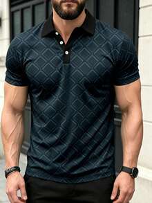 男士夏季 Polo 衫，休闲运动百搭不对称印花短袖 Polo 衫 - 彩色 - 查看 2