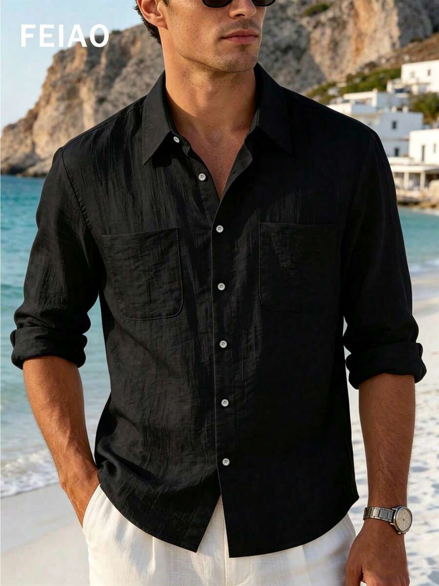 FEIAO 男士复古硬币图案T恤，亚麻质感透气网眼面料，纽扣前襟，纯色设计，触感舒适柔软，休闲百搭，略微宽松版型，适合春夏穿着。 - 黑色 - 查看 1
