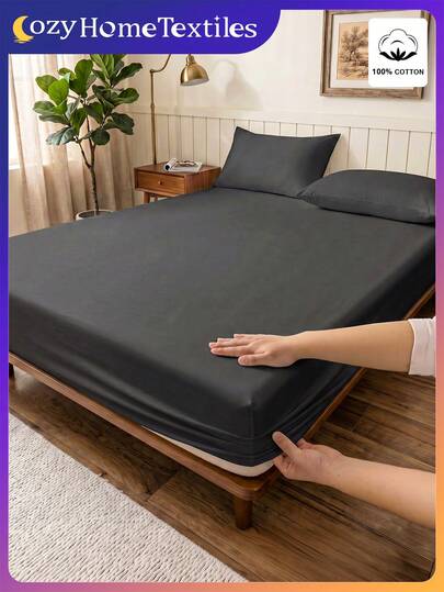 1件装100%纯棉床笠，家用纺织品，纯色床上用品套装，舒适家居用品，柔软透气床垫保护套，亲肤床罩套装，四季皆宜，适用于单人床/双人床/大号床/特大号床，卧室床上用品，可机洗可重复使用，黑色