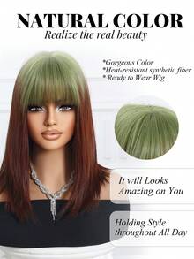 14 Inch Gradient Green To Reddish Brown Straight Synthetic Wig With Bangs, Heat Resistant, Easy To Wear And Maintain, Perfect For Daily Wear, Y2K Style, Party, Cosplay, Music Festival, Halloween, Ideal Holiday Gift For Girls - Brown Ombre - View 2