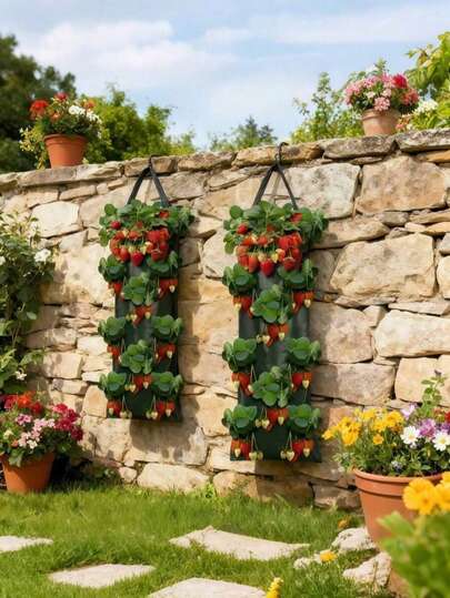 Optional Hanging Strawberry Grow Bags, Breathable Non Woven Fabric Reusable Multi-Pocket Vertical Planting Bags, Excellent Drainage Aeration, Space Saving Easy To Hang, Prevent Ground Pests Easy Harvest, For Strawberry Tomato Herb Vegetable Flower Growing, Balcony Patio Railing Wall, Outdoor Indoor Garden Rooftop Urban Small Space Gardening