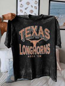 Texas Longhorn Graphic Tee Gameday Letter Print Green Cotton Loose Fit Short Sleeve Vintage Retro Streetwear Casual Apparel Women Men Unisex Tops - 黑色 1 - 查看 3