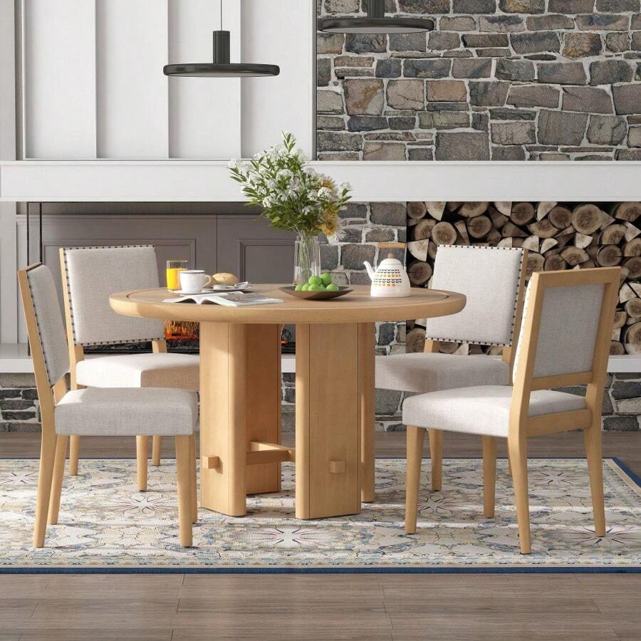 TREXM 5-Piece Round Dining Table Set For 4 Minimalist Farmhouse Dining Table With 4 Solid Wood Upholstered Chairs Kitchen And Dining Room Sets Natural - Màu be + Màu tự nhiên + Gỗ nguyên khối + MDF1 - Xem 1