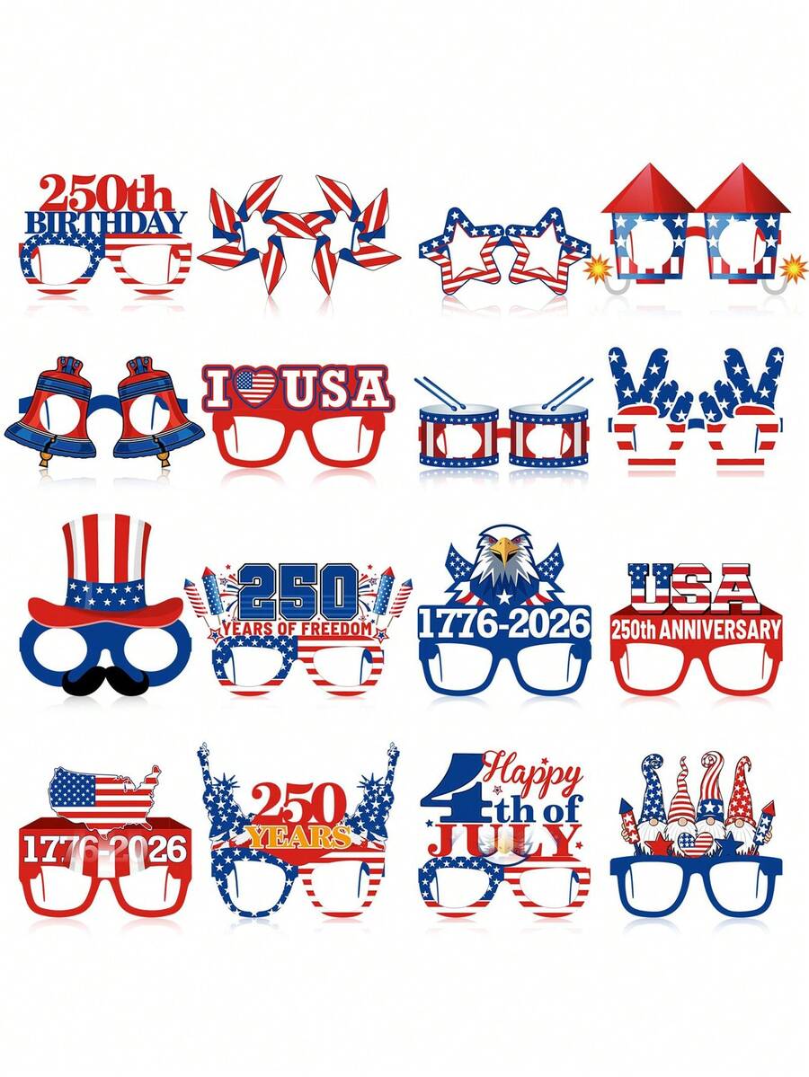 16pcs 250th Anniversary American Patriotic Party Decorative Glasses, 250th Anniversary Themed Paper Glasses, American Patriotic Themed Photo Booth Props Frame, Independence Day Memorial Decorative Gifts - Independence Day Paper Glasses - View 1