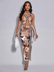 AIJ Amarilo Women's Elegant Tropical Print Ruched Hollow Out Fitted Metal Ring Buckle Niche Design Sleeveless Backless Camisole Top And Drawstring High Slit Skirt 2-Piece Set (Positioning Print) Summer - Apricot Brown Flowers - View 5