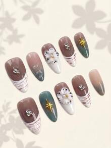 NAILS BASE 10件/組 粉色杏仁形長款法式漸層漸變假指甲，附玫瑰紅花朵，杏仁形甲片，適合辦公場合的中性華麗風，日式手工 P - 彩色 - 查看 2