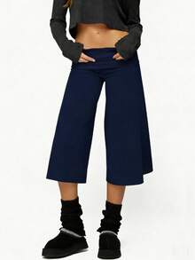 Fold Over Gaucho Pants Culottes For Women Low Rise Capris Foldover Flowy Going Out Flare Bottoms Wide Leg Capri Pants - Xanh đậm - Xem 1